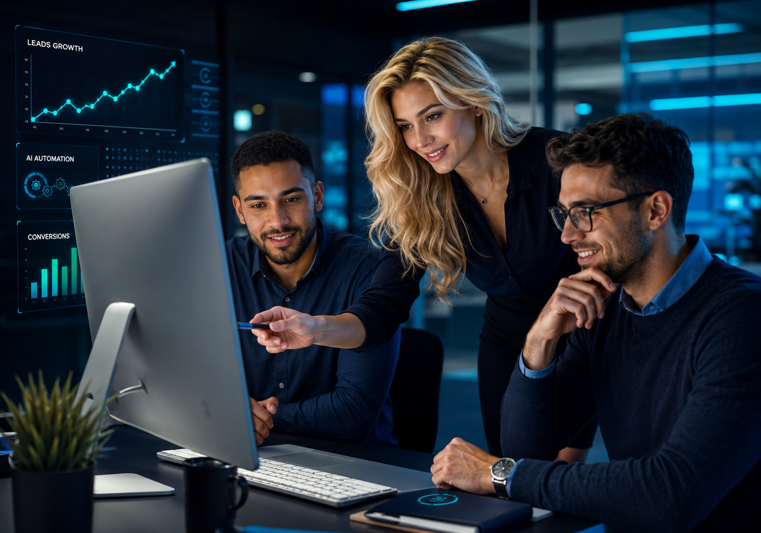 A small business team reviewing live AI automation dashboards showing lead growth, automation status, and conversions