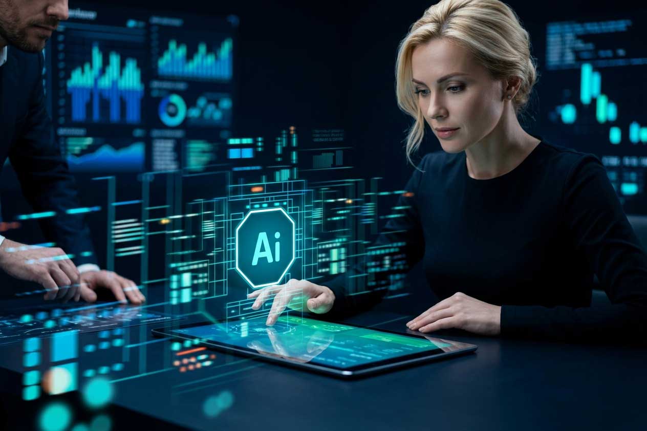A professional interacting with a holographic AI interface and live data dashboards on a tablet
