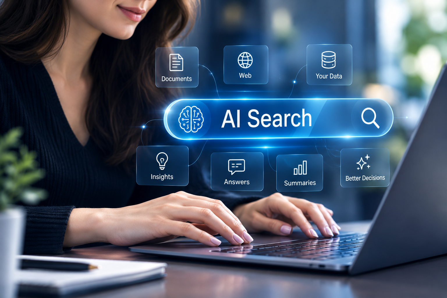 A professional typing on a laptop with a holographic AI Search interface showing documents, web, data, insights, and answers